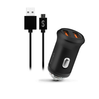 Immagine di Fonex caricatore auto 12W con 2 porte USB e cavo Micro-USB  | Nero