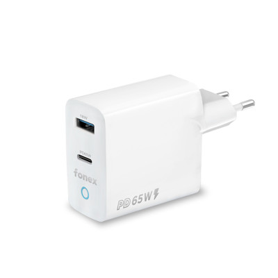 Immagine di Fonex caricatore da rete 65W GaN con porta USB + Type-C (PD) | Bianco