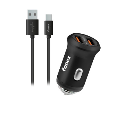 Immagine di Fonex caricatore auto 12W con 2 porte USB e cavo Type-C  | Nero