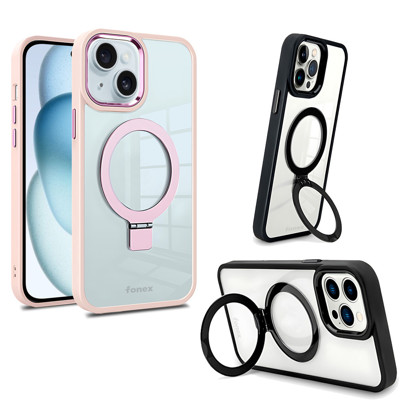 Immagine di Fonex cover Mag Stand con magnete e supporto per Apple iPhone 15 | Bordo Rosa