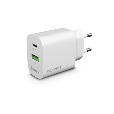 Immagine di Fonex caricatore da rete 20W con porta USB + Type-C (PD) | Bianco